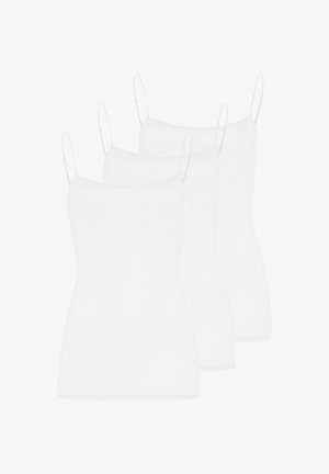 Trois camisoles blanches simples sans manches avec de fines bretelles, superposées et présentées sur un fond blanc.
