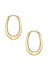 Goldene Creolen mit einer glatten, ovalen Form und einer leichten Lücke an der Unterseite. Die Oberfläche hat ein glänzendes Finish und ein minimalistisches Design.
