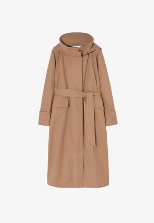 Hellbrauner Trenchcoat mit Kapuze, Bindegürtel, zwei Fronttaschen und langen Ärmeln. Glattes, mattes Material, knielanges Design.