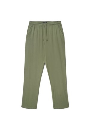 Pantaloni casual verde oliva con elastico in vita e coulisse, dotati di tasche laterali e taglio a gamba dritta.