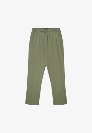 Pantaloni casual verde oliva con elastico in vita e coulisse, dotati di tasche laterali e taglio a gamba dritta.