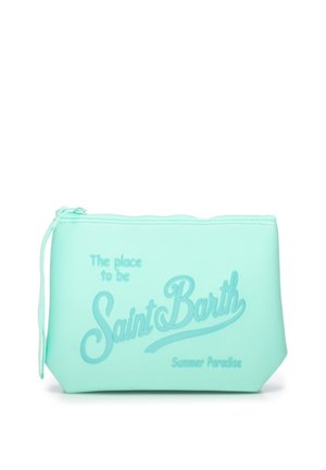 Bustina azzurra chiaro con zip e testo in rilievo "The place to be Saint Barth Summer Paradise" sulla parte anteriore.