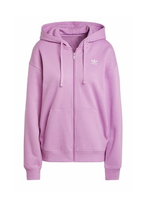 Haut de sweat à capuche zippé violet clair en tissu doux, avec une capuche, des cordons de serrage, des poches avant et un petit logo blanc sur la poitrine.