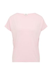 Różowa bluzka z krótkim rękawem, wykonana z miękkiego materiału, o luźnym kroju i okrągłym dekolcie. Prosty design bez wzorów ani ozdób.