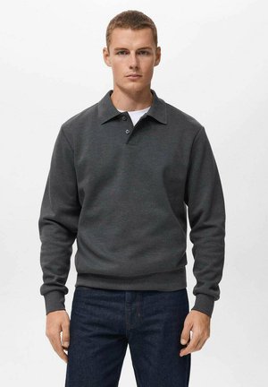 Dark gray long-sleeve polo shirt made of smooth cotton blend, featuring a collar, three-button placket, and ribbed cuffs and hem.