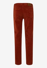 Pantaloni di velluto a coste di colore ruggine con tasche posteriori e una toppa in pelle sulla vita, visti da dietro.