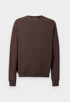 Brązowy sweatshirt wykonany z miękkiego materiału, z okrągłym dekoltem, długimi rękawami, ściągaczami przy mankietach oraz małym logo na piersi.