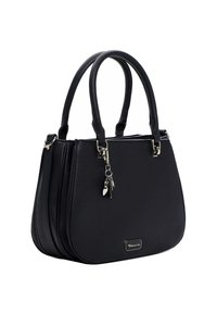 Juoda sintetinės odos rankinė su dviem apvaliais rankenomis, sidabrinėmis detalėmis, mažu raktų pakabuku ir lygiu paviršiumi. Elegantiškas išlenktas dizainas.