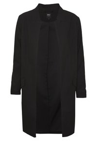 Abrigo largo negro hecho de tela suave, con corte recto, abertura frontal y dos bolsillos laterales. Cuello nítido y puños remangados.