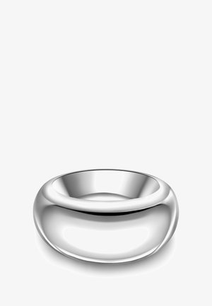 Silberfarbener Metallring mit einer glatten, polierten Oberfläche. Abgerundete Form mit nahtlosem Banddesign, das einen spiegelnden Glanz aufweist.