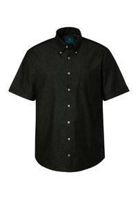 Kortärmad svart knapp-up skjorta med en texturerad tyg och ett enda bröstficka. Har vita knappar och en spetsig krage.