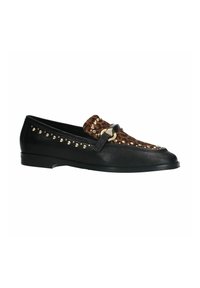 Black loafers featuring a leopard print accent, adorned with gold studs and a decorative buckle, showcasing leather material and a flat sole.