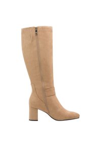Beige suede knee-high boot with a block heel, side zipper, and a strap detail above the ankle. Smooth texture and simple design.