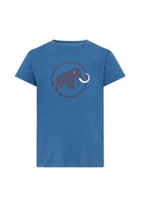 Blauwe katoenen t-shirt met een ronde afbeelding van een donkere olifant met een witte slagtand. Korte mouwen en een ronde halslijn.