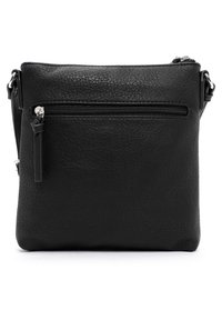 Černá kožená crossbody taška s texturovaným povrchem, přední kapsou na zip a odnímatelným popruhem. Kompaktní obdélníkový tvar.