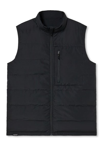 Svart vadderad väst med hög krage, framdragkedja och bröstficka. Slät yta med horisontella sömnadsdetaljer. Lättviktsdesign.