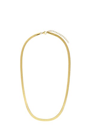Goldene Halskette mit flachem, glattem Design und Karabinerverschluss mit verstellbarer Verlängerungskette auf weißem Hintergrund.