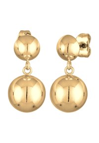 Guld metal dråbeøreringe med to sfæriske perler: en større i bunden og en mindre foroven, poleret overflade, sikret med en lås.