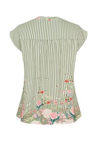 Grøn- og hvidstribet kortærmet bluse med blomsterprint i kanten, der har en plisseret ryg og rund halsudskæring.