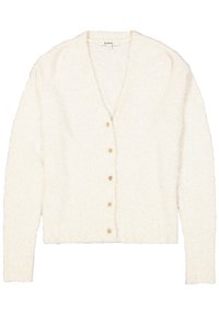 Crème-kleurige, langslavende, knopen-up cardigan met een V-hals en vijf kleine beige knopen aan de voorkant.