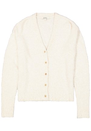 Cremefarbener, langärmeliger, knöpfbarer Cardigan mit V-Ausschnitt und fünf kleinen beigen Knöpfen auf der Vorderseite.