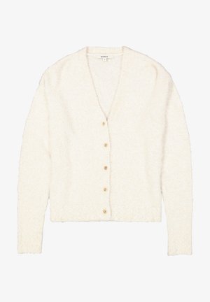 Crème-kleurige, langslavende, knopen-up cardigan met een V-hals en vijf kleine beige knopen aan de voorkant.
