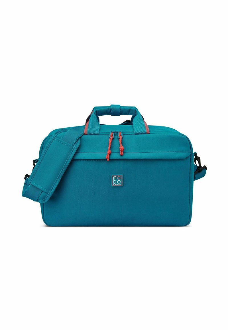 Una bolsa para portátil de color azul verdoso con un diseño rectangular elegante. Presenta acentos rojos, dos asas superiores y una correa de hombro desmontable.