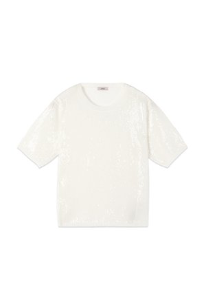 White short-sleeve knit top with round neckline, covered in small shiny sequins, laid flat on a white background.