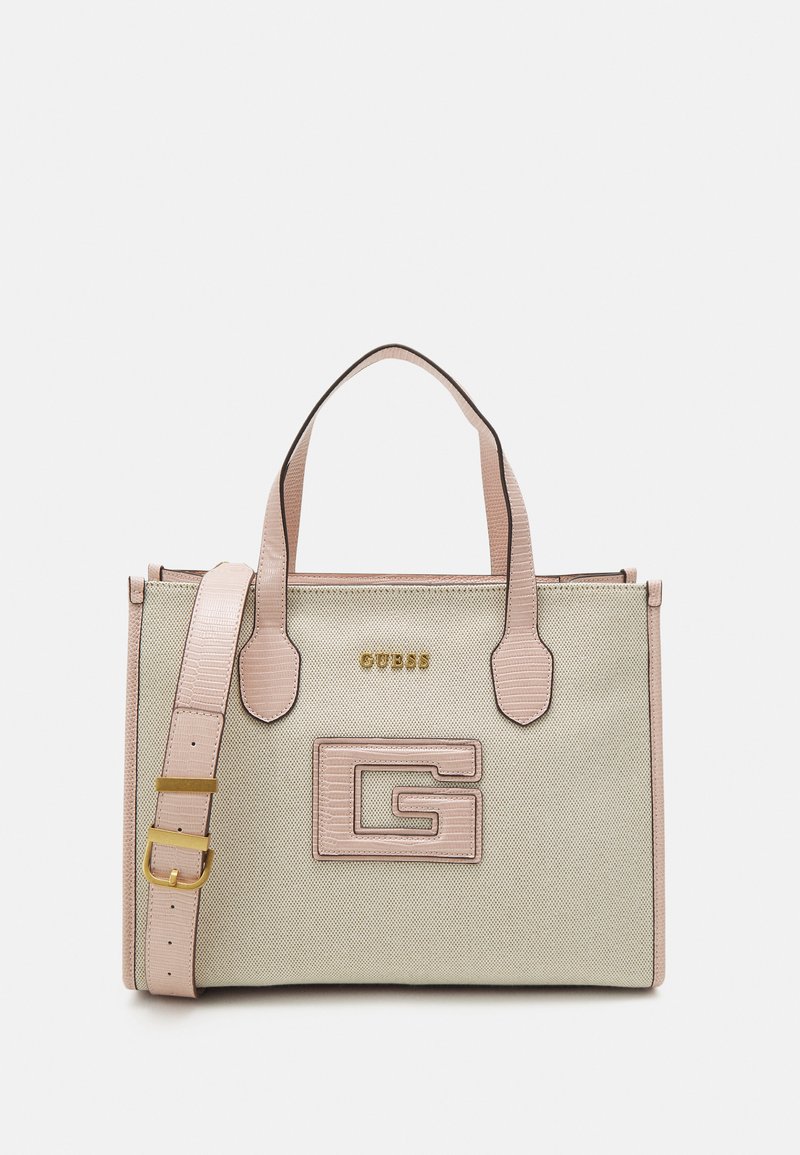 Sac en toile beige avec des accents rose clair, arborant un logo « G » texturé, des détails dorés, deux poignées et une bandoulière amovible.