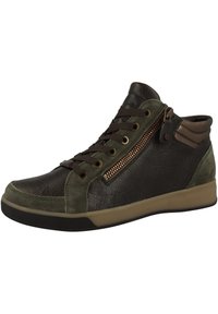 Braune und grüne Leder-Hochtopsneaker mit strukturiertem Obermaterial, braunen Schnürsenkeln und einem seitlichen Reißverschlussdetail. Gummi-Sohle und gepolsterter Knöchel.