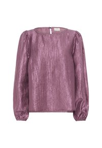 Lila Bluse mit einer strukturierten, glänzenden Oberfläche, rundem Ausschnitt und puffigen langen Ärmeln. Hat einen kleinen Schlüssellochverschluss im Rücken.