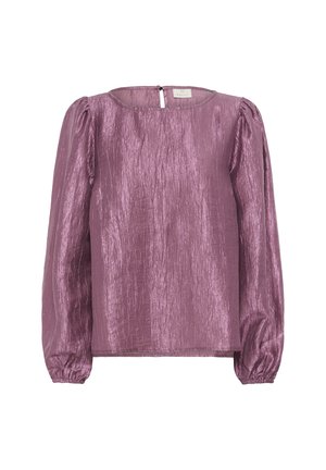 Blusa viola con finitura lucida e testurizzata, scollatura rotonda e maniche lunghe a sbuffo. Presenta una piccola chiusura a chiave sul retro.