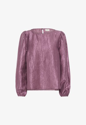 Paarse blouse met een gestructureerde, glanzende afwerking, ronde halslijn en poflange mouwen. Bevat een kleine sluiting met een sleutelgat aan de achterkant.