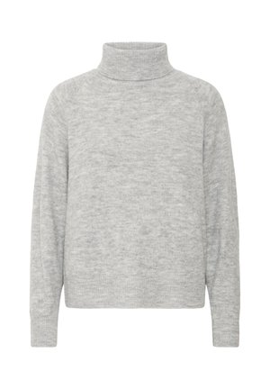 Pulover turtleneck gri deschis, realizat dintr-un material tricotat moale, cu o croială relaxată, mansete ribbate și un design minimalist.