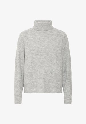 Svetar s ovratnikom v svetlo sivi barvi, izdelan iz mehkega pletenega materiala, z udobnim krojem, rebrastimi manšetami in minimalističnim dizajnom.