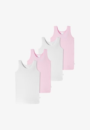 Neljä hihattomaa t-paitaa valkoisena ja vaaleanpunaisena puuvillana, joissa on klassinen muoto, pyöreä kaula-aukko ja ompelu yksityiskohtia.