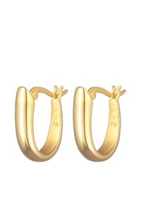 Boucles d'oreilles anneau plaqué or avec un design lisse et arrondi, présentant un subtil détail texturé au niveau de la charnière. Marquées '925 Y Ag' à l'intérieur.