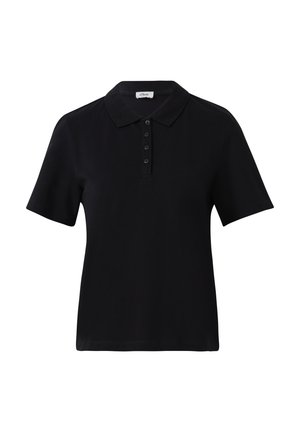 Zwarte polo shirt gemaakt van soepele stof, met een klassieke kraag, korte mouwen en een sluiting met vijf knopen.