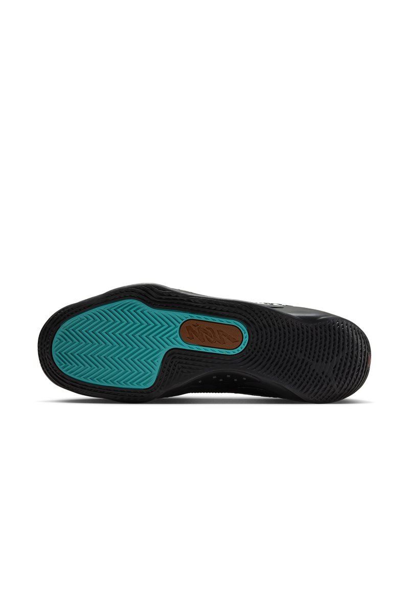 Suela de zapato atlético negra que presenta una superficie de goma texturada con un patrón de espiga turquesa y un acento marrón.