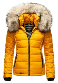 MARIKOO Simaraa XVI XS-XXL Winterjas voor dames, warm gewatteerd met bontkraag en (afneembare) capuchon, Taupe grijs, XL