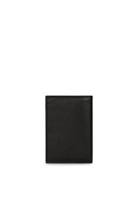 Zwarte leren portemonnee met een gladde textuur, vierkante vorm en minimalistisch design; heeft subtiele stiksels en geen zichtbare hardware.