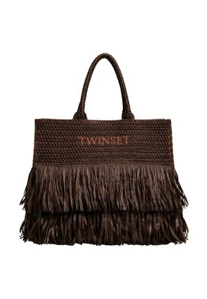Borsa tote intrecciata marrone con due manici, strati sfrangiati nella parte inferiore e logo "TWINSET" ricamato sulla parte anteriore superiore.