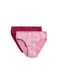 Dos pares de braguitas de algodón: uno liso de color rosa oscuro con lunares blancos, y otro rosa claro con un patrón floral, ambos con borde de encaje.