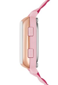 Reloj con correa de silicona rosa, caja de metal tono dorado, pantalla blanca y dos botones en el costado. Bordes suaves y redondeados con un diseño divertido.