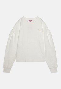 White pullover sweater with textured floral pattern, crew neckline, and long puff sleeves. Small gold logo on front left. Made from soft fabric.
