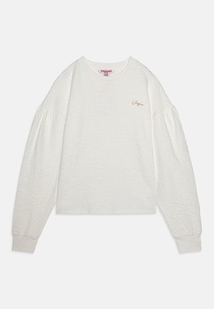 Weißer Pullover mit strukturiertem Blumenmuster, Rundhalsausschnitt und langen Puffärmeln. Kleines goldenes Logo auf der linken Vorderseite. Aus weichem Stoff gefertigt.