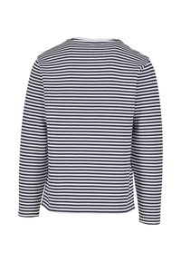Langærmet skjorte med marineblå og hvide vandrette striber, rund hals, blødt bomuldsblandingsstof, afslappet pasform, enkelt design.