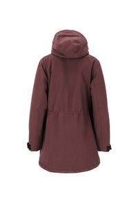 Bordeaux buitenjas met een capuchon, getailleerde taille en verstelbare manchetten. De stof lijkt textuur te hebben met een matte afwerking.