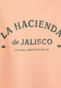 Texte sur un tissu pêche indiquant « La Hacienda de Jalisco » avec « Original Tradition MX 245 » et de petites icônes de plants d'agave de chaque côté.