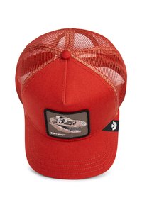 Red baseball cap with a mesh back, featuring a patch depicting a dinosaur skull and the word "EXTINCT" in black. Textured fabric.